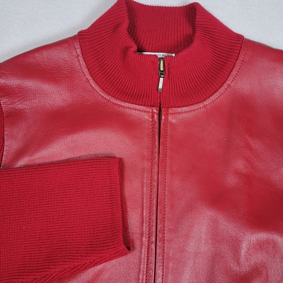 Pendleton Oregon Vintage Wool Leather Sweater Jacket Solid Red Zippered Size L - Picture 2 of 9
